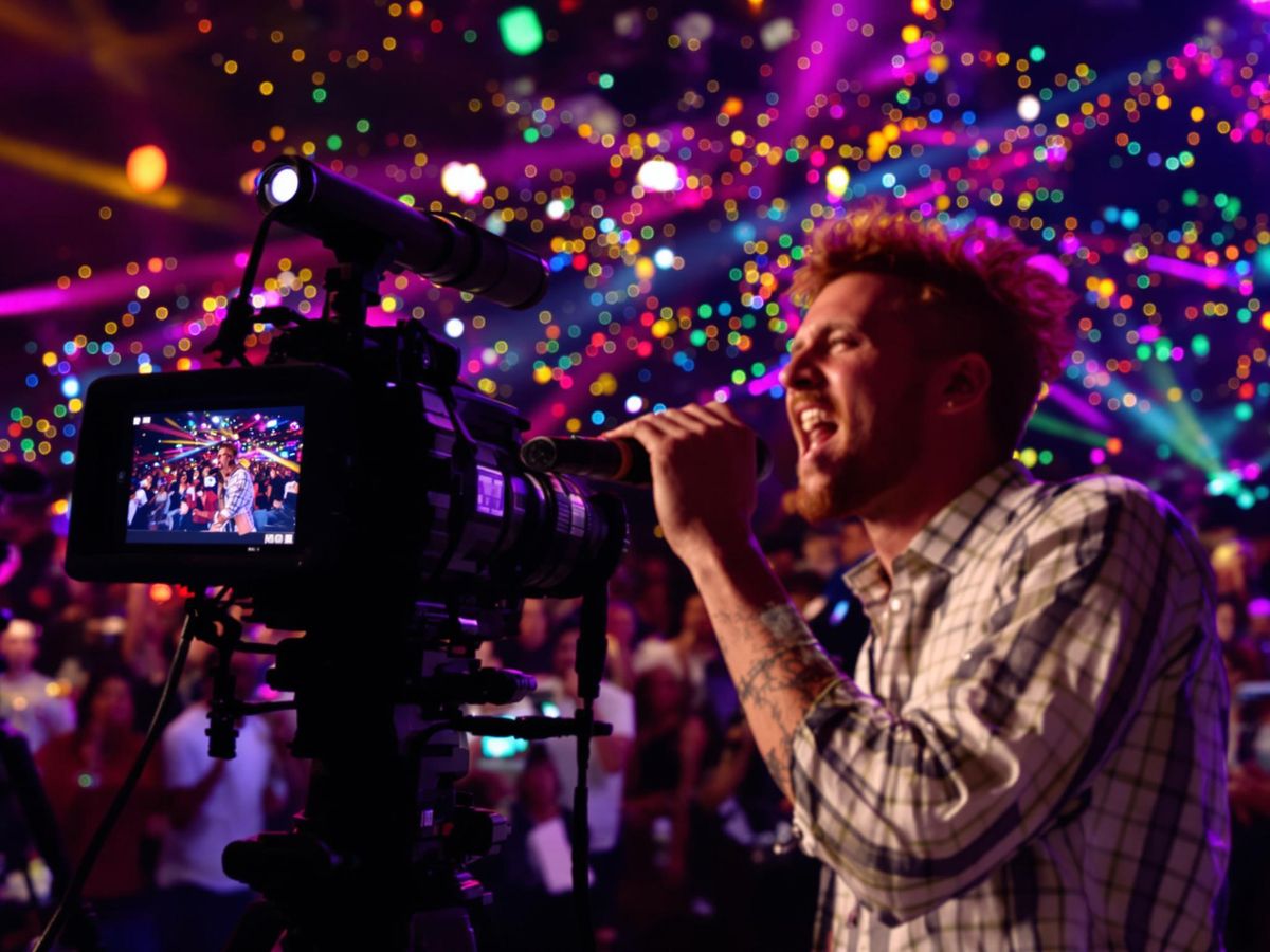 Musician performing with colorful lights in the background.