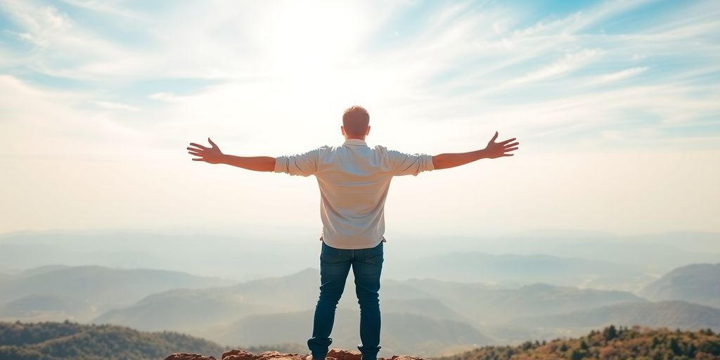 Person with open arms on mountain.