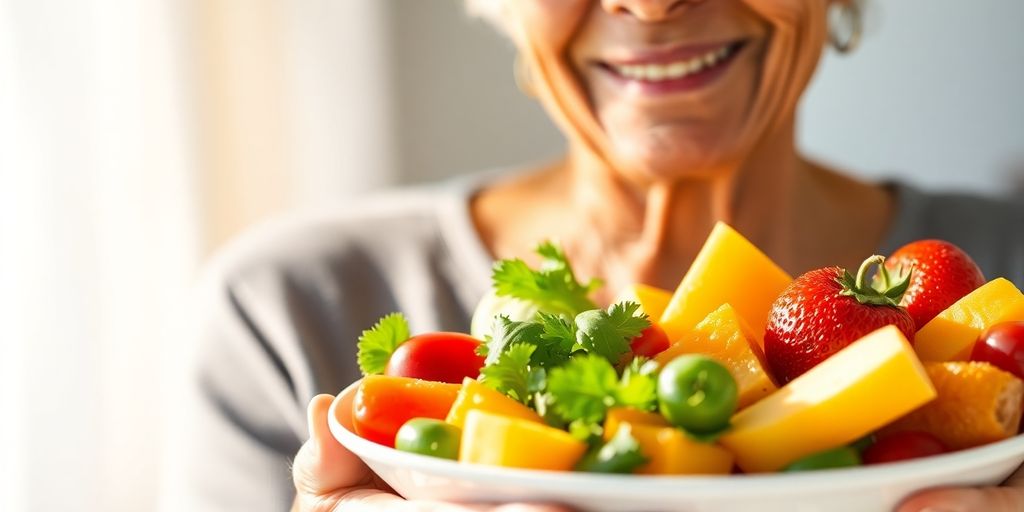 Senior enjoying colorful healthy meal.