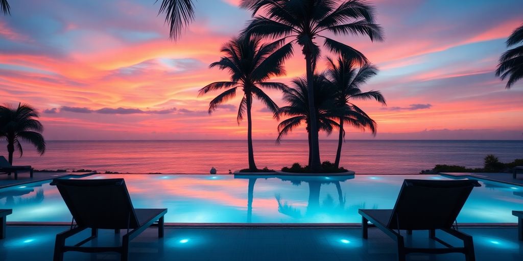 Luxury resort pool overlooking ocean at sunset.
