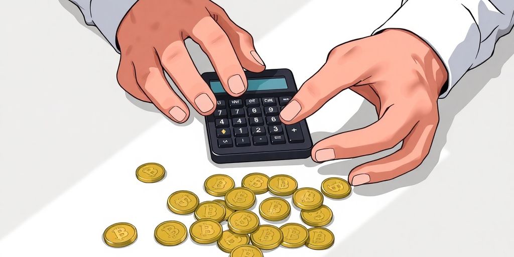 Calculator, coins, and a person's hands.
