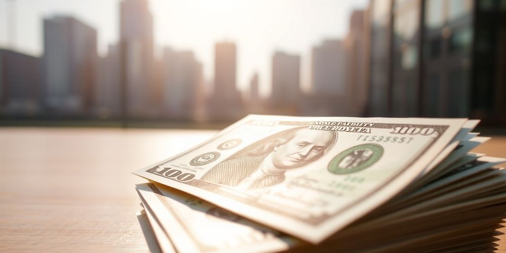 Financial growth: money, cityscape, sunlight