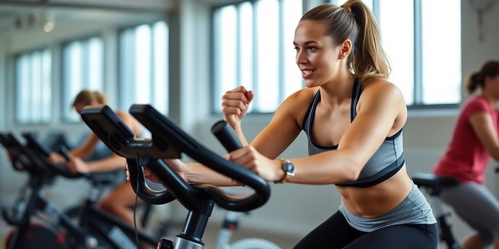 Woman cycling intensely on an indoor bike.