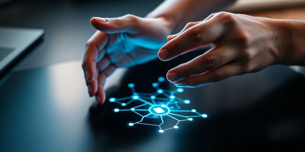 Person interacting with glowing AI CV interface.