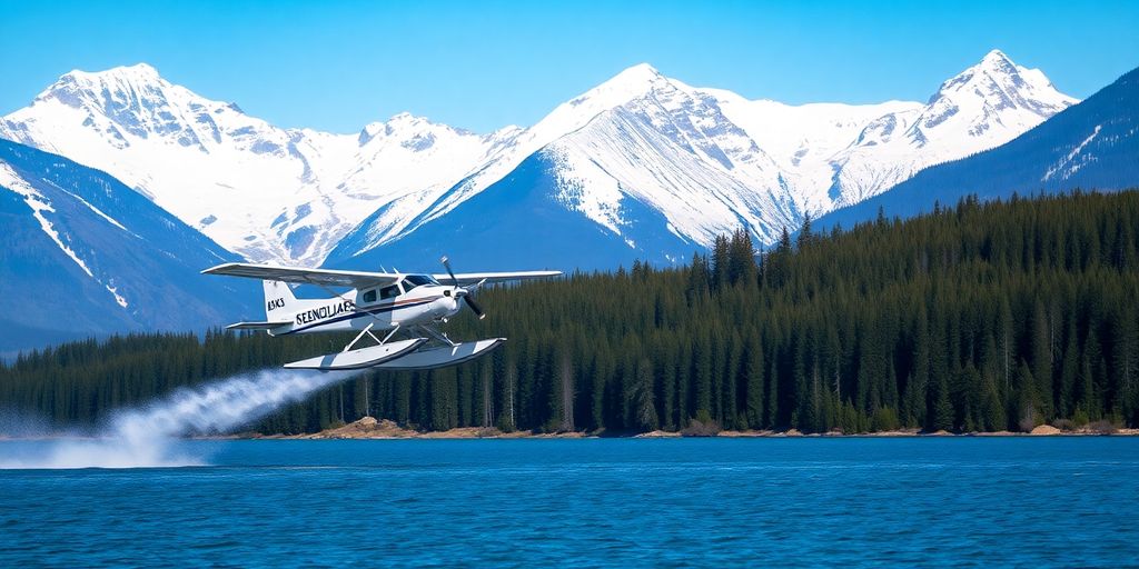 An Alaska Seaplane taking off from a mountain lake.