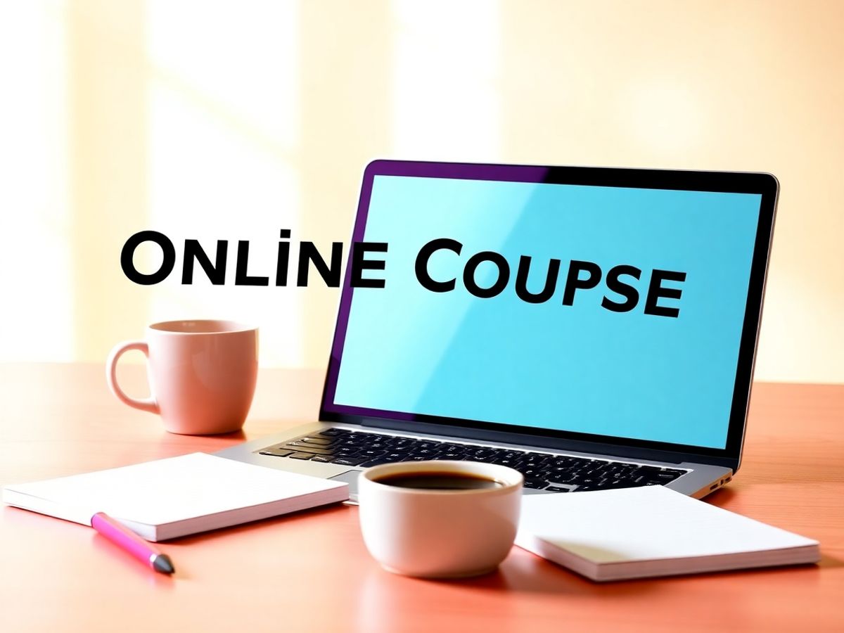 Birou modern cu laptop și materiale pentru cursuri online.