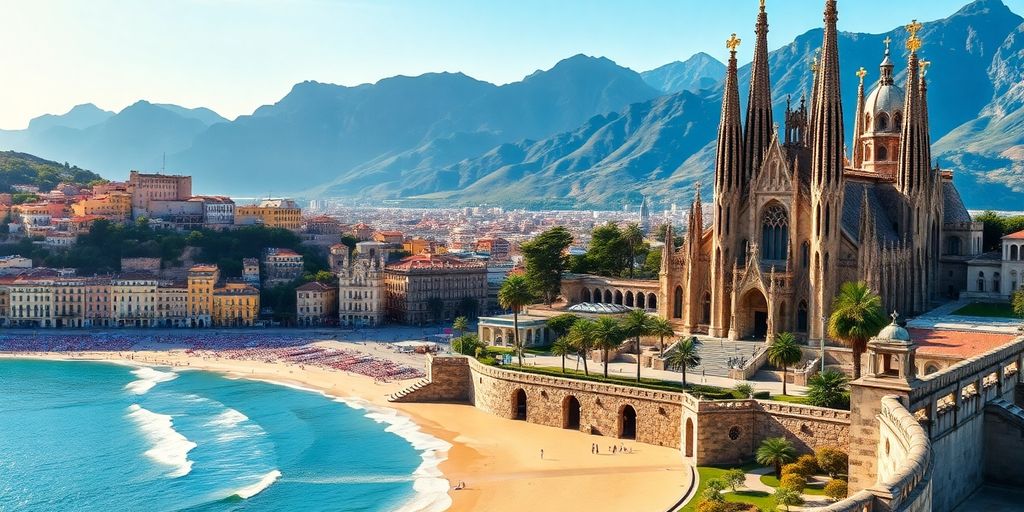 Paisagens espanholas vibrantes com arquitetura marcante e natureza exuberante.