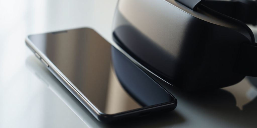 Samsung phone and Gear VR headset on a table