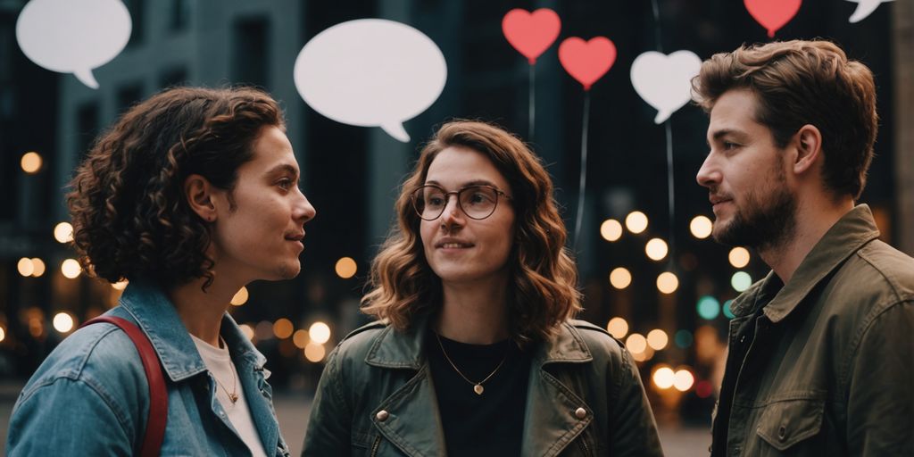 Three people discussing with speech bubbles and hearts