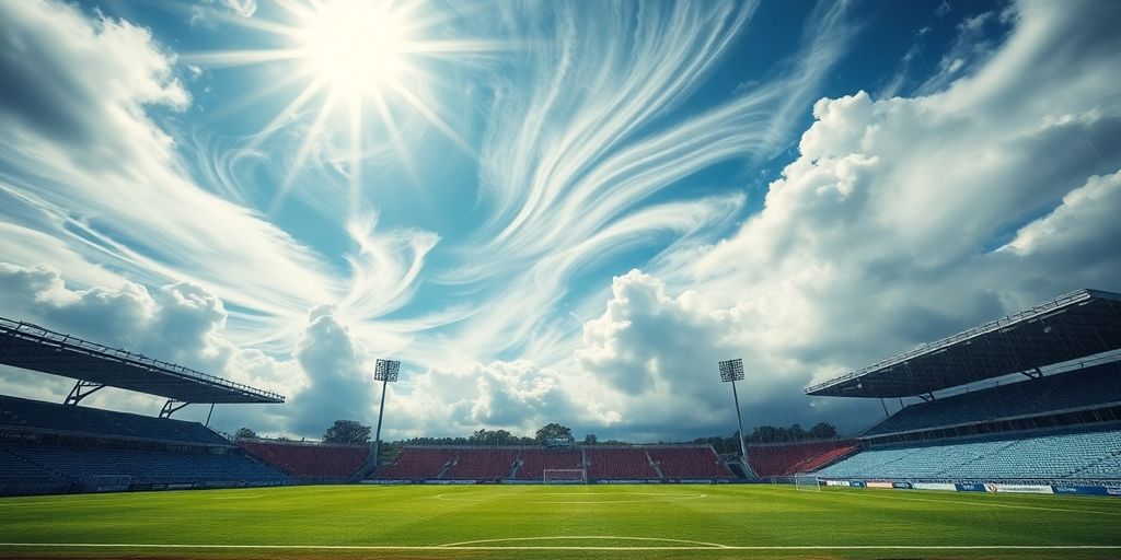 Sports field with changing weather conditions.