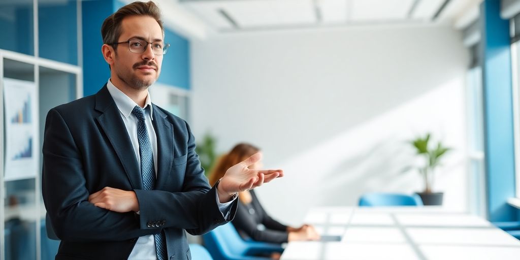 Unser Leadership-Stil: Wie wir unsere Mitarbeiter unterstützen und fördern Ein Mann in Business-Kleidung leitet eine Besprechung mit Blauakzenten.