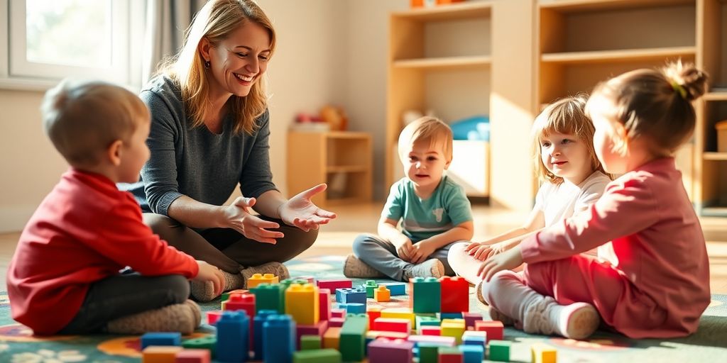 Preschool director with children, building blocks