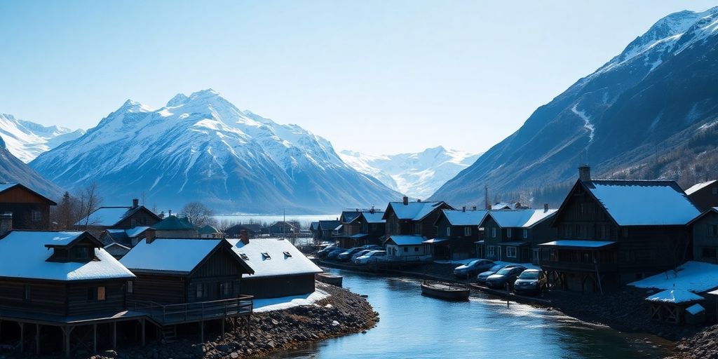 A small Alaskan town nestled by mountains.