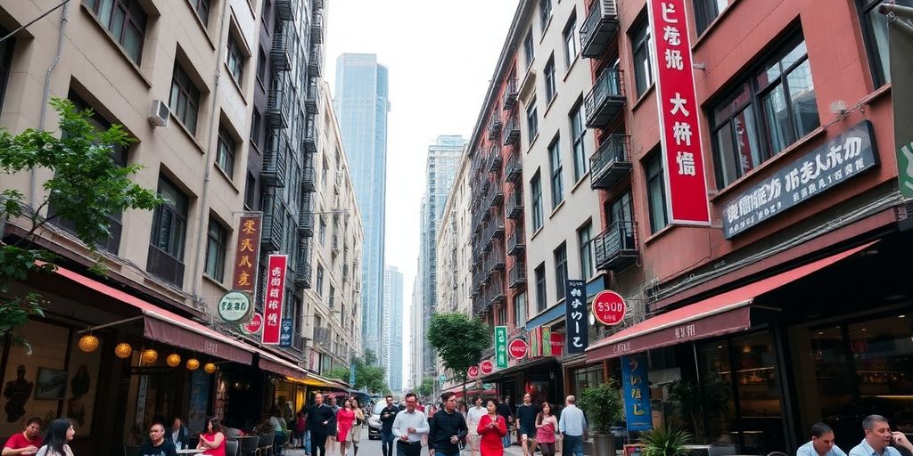 Vibrant Shanghai street scene in expat neighbourhood.