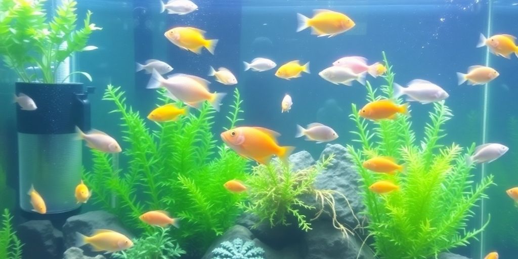Makukulay na isda na lumalangoy sa isang maayos na aquarium.