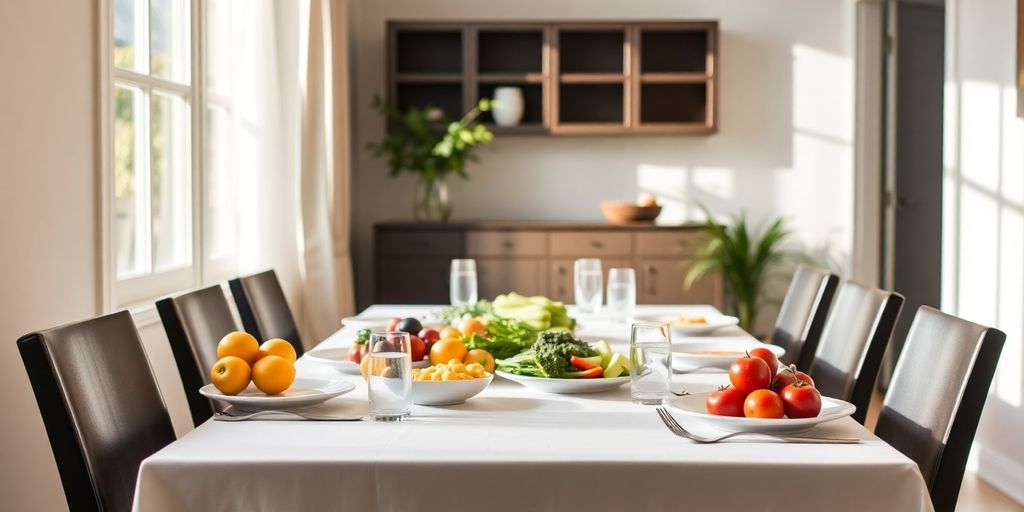 A beautiful dining table with fresh fruits and vegetables.