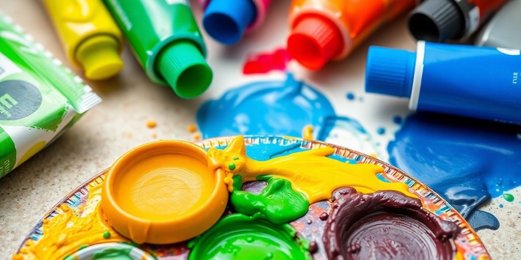 Close-up of colorful acrylic paint tubes and palette.