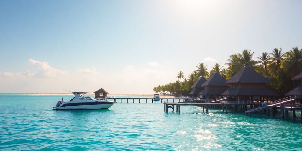 Overwater bungalows, turquoise water, and palm trees.