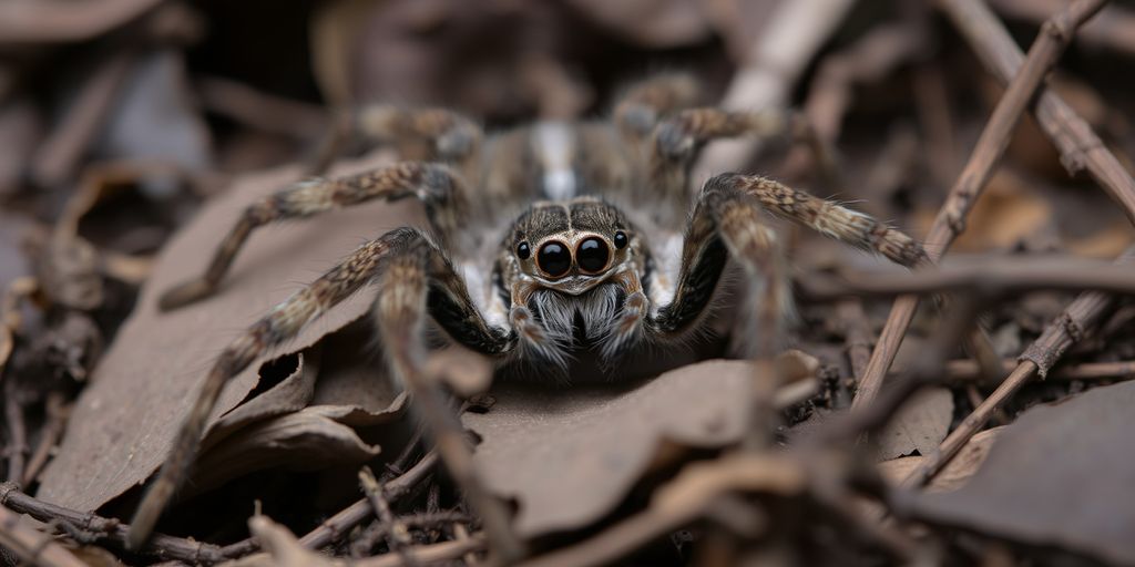 Wolf spider on forest floor with leaves and twigs