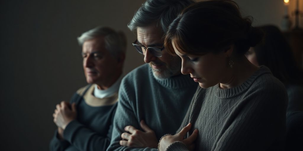 Family mourning together in a quiet, emotional setting.