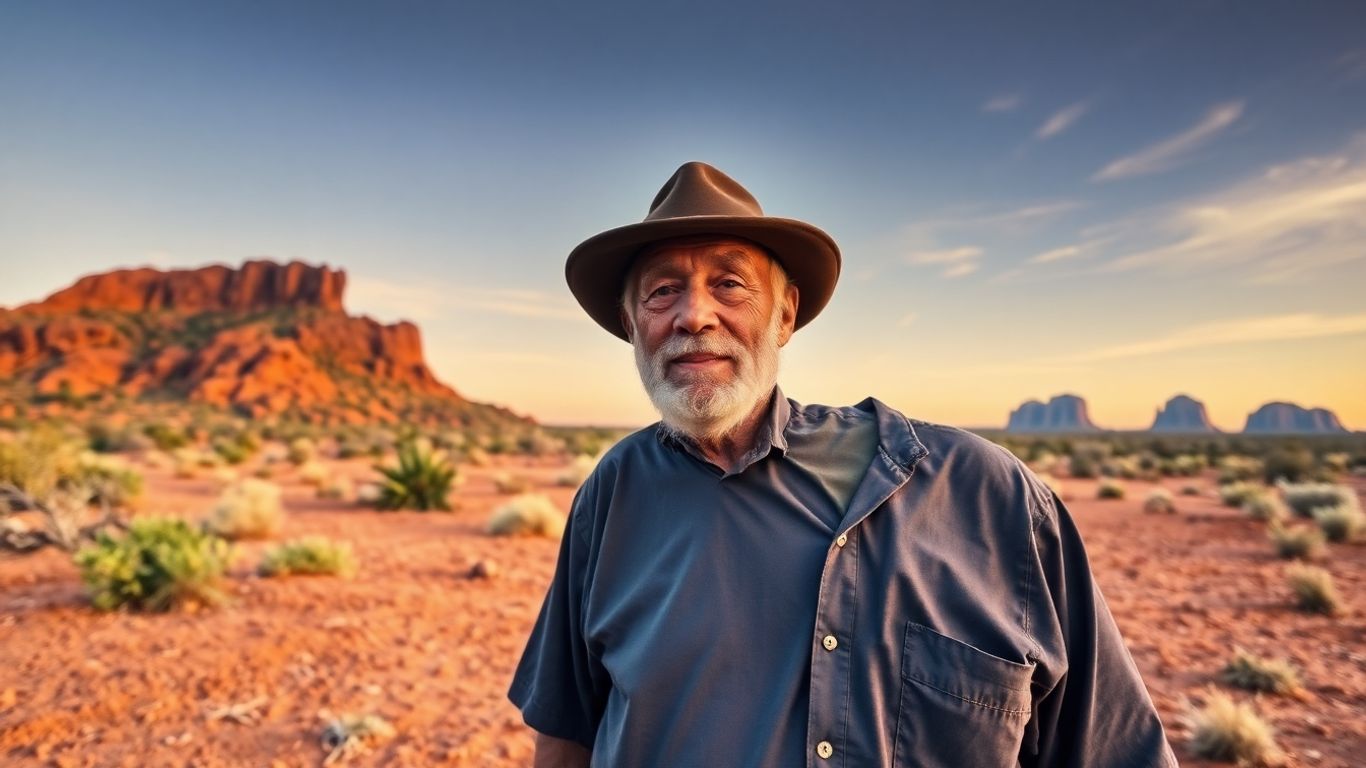 Aboriginal elder on traditional land at sunset, Australian outback.