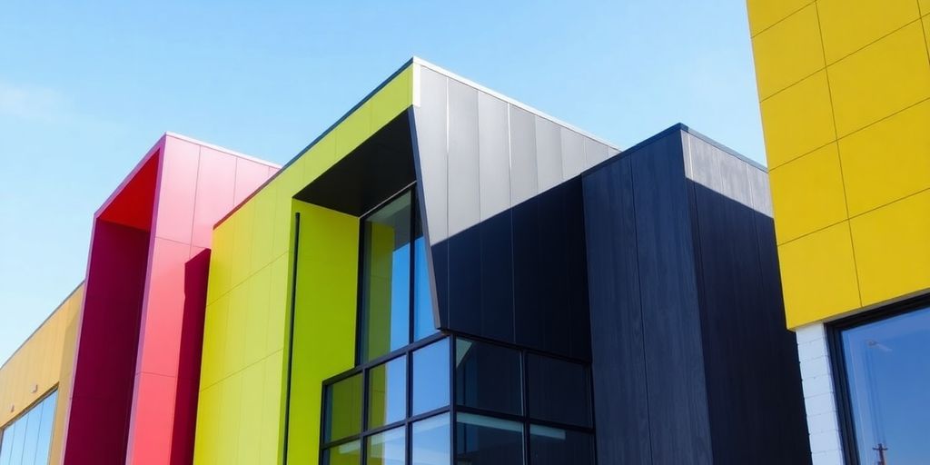 Colorful PU sandwich panels on a modern building facade.