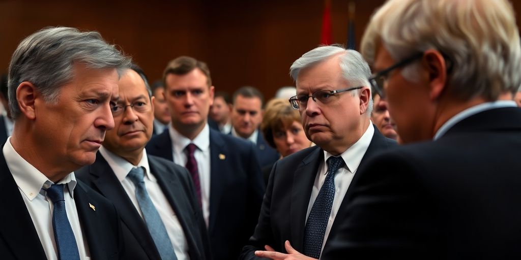 Groupe politique en discussion dans une salle sombre.