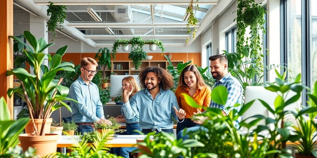 Collaborative workspace with plants and natural lighting.