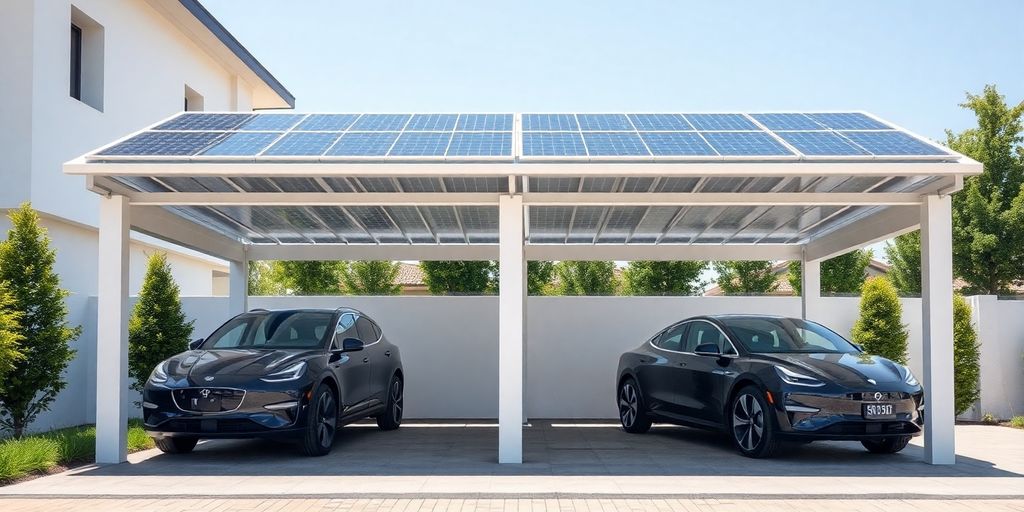 Modern solar carport sheltering two cars.