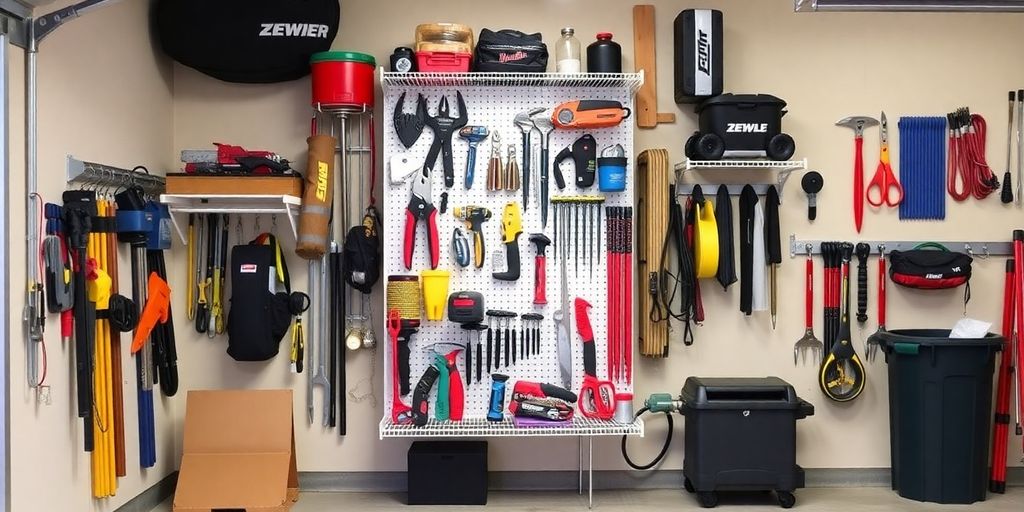 Garage with organized vertical hanging rack for tools.