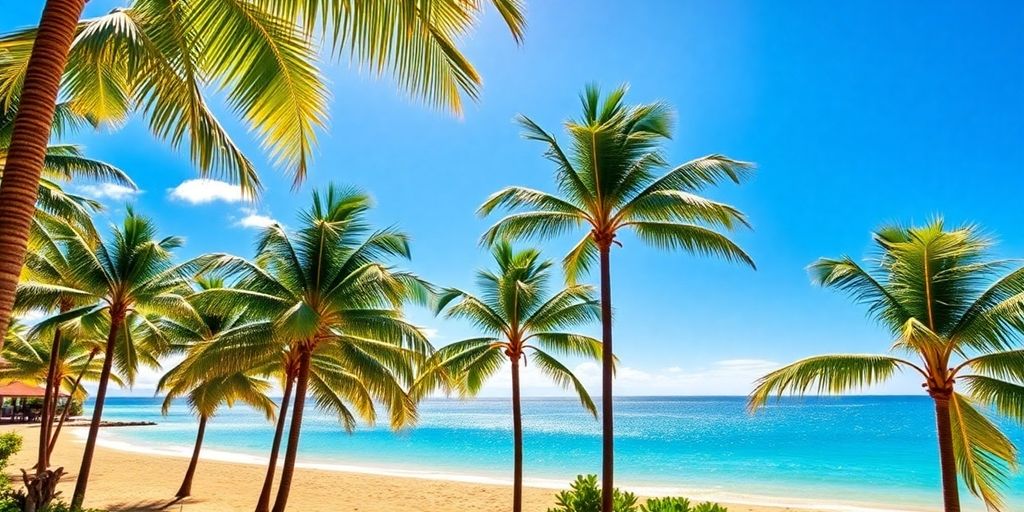 Hale Koa Hotel beachfront with palm trees and ocean.