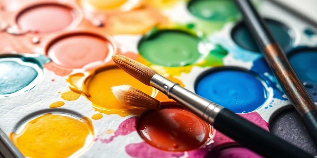 Close-up of wet watercolor paints and brushes