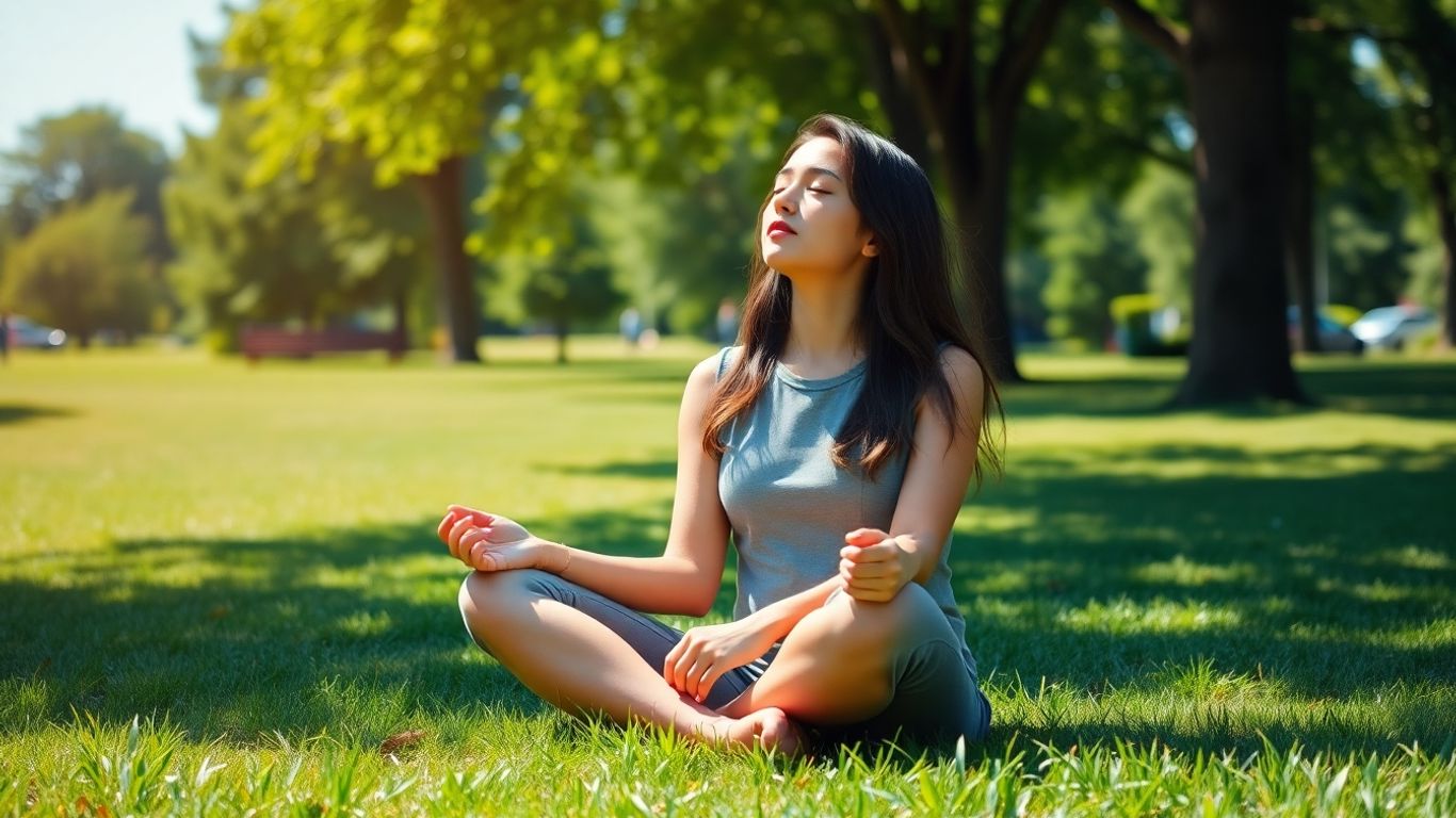 Woman meditating peacefully outdoors in a sunlit park.