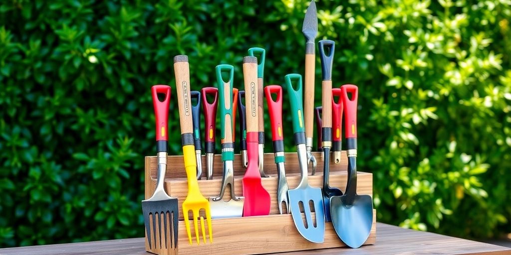 Wooden garden tool holder with colorful tools outdoors.