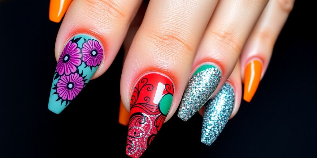 Unhas grandes pintadas com designs criativos e coloridos.