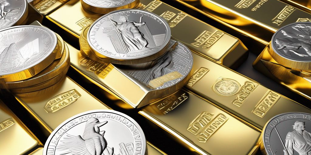 gold and silver ETFs, financial market, stock charts, gold bars, silver coins, investment analysis