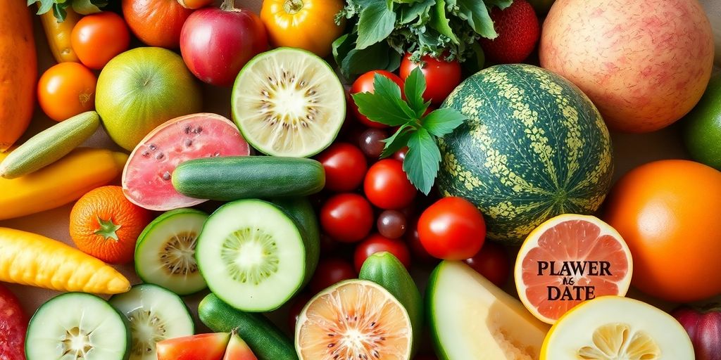 Fresh fruits and vegetables emphasizing hydration and wellness.