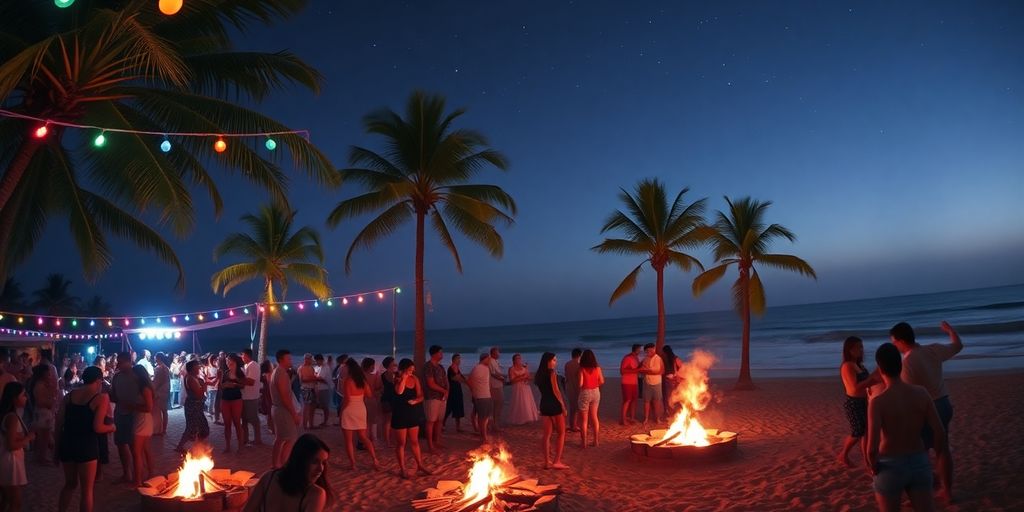 Nighttime beach party, bonfires, dancing, vibrant lights