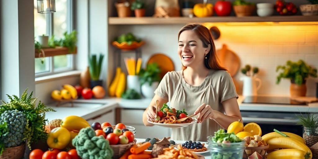 A person in a bright kitchen preparing healthy food.