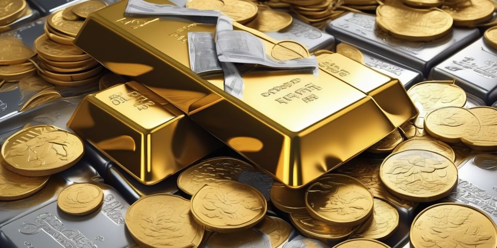 gold bars and silver coins with a financial crisis background