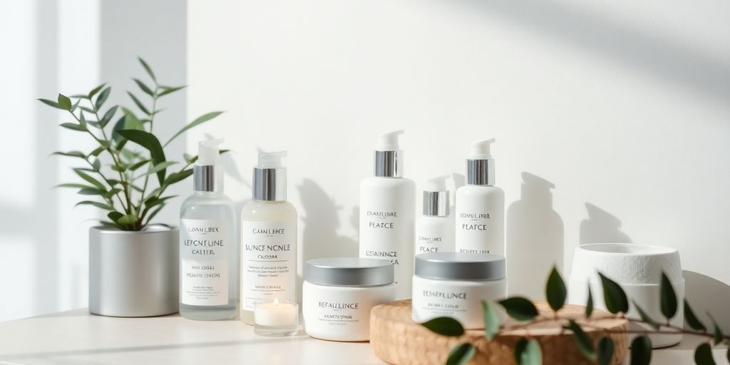 Calming skincare products for sensitive skin on a table.