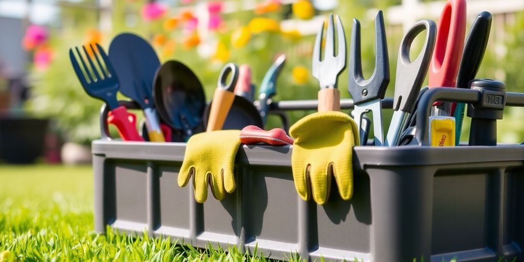 Gardening tools neatly organized in an outdoor caddy.