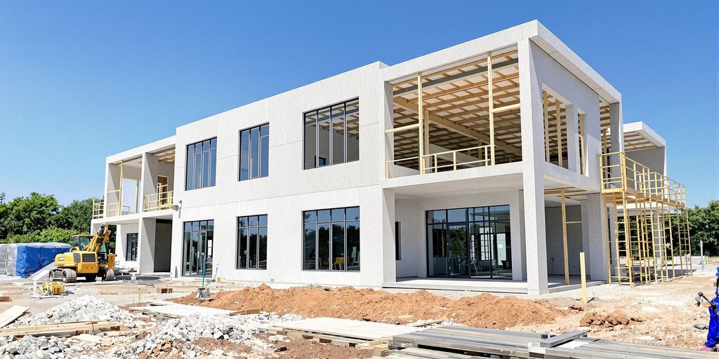 Modern prefabricated building with advanced construction machinery nearby.