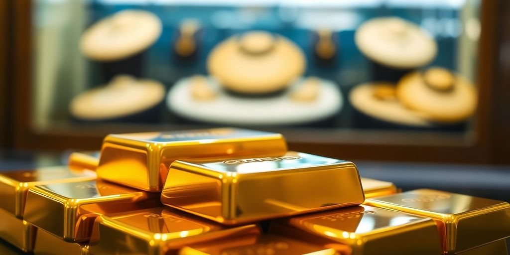 Des lingots d'or empilés dans une bijouterie.