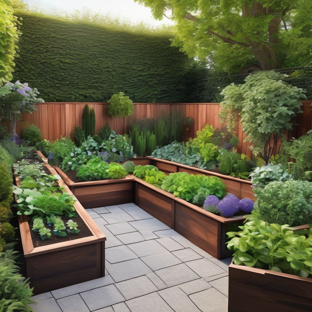 wooden raised garden beds in lush garden