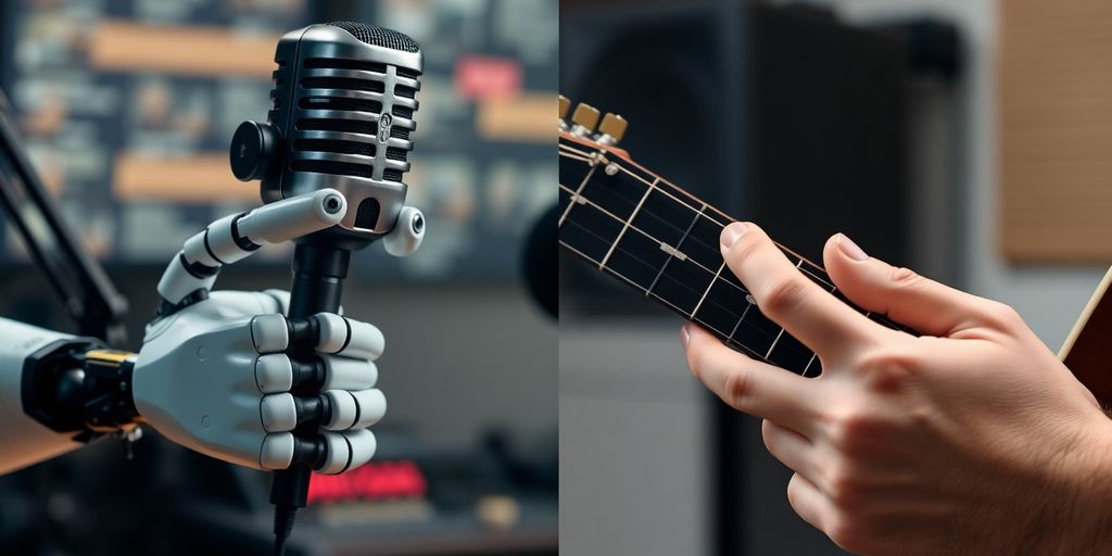 Robotic hand with microphone versus human hand with guitar.