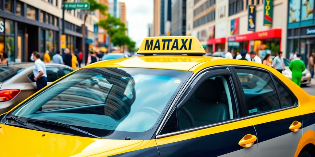A clean taxi in a busy Dallas-Fort Worth street.