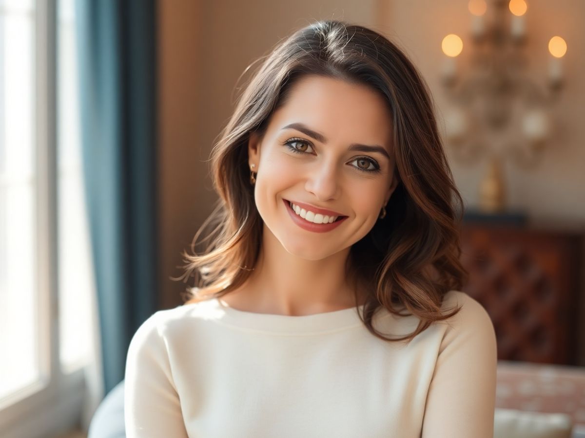 Anca Serea zâmbind cu eleganță, înconjurată de lumina soarelui.