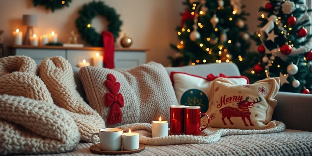 Cozy living room with blankets and festive decorations.