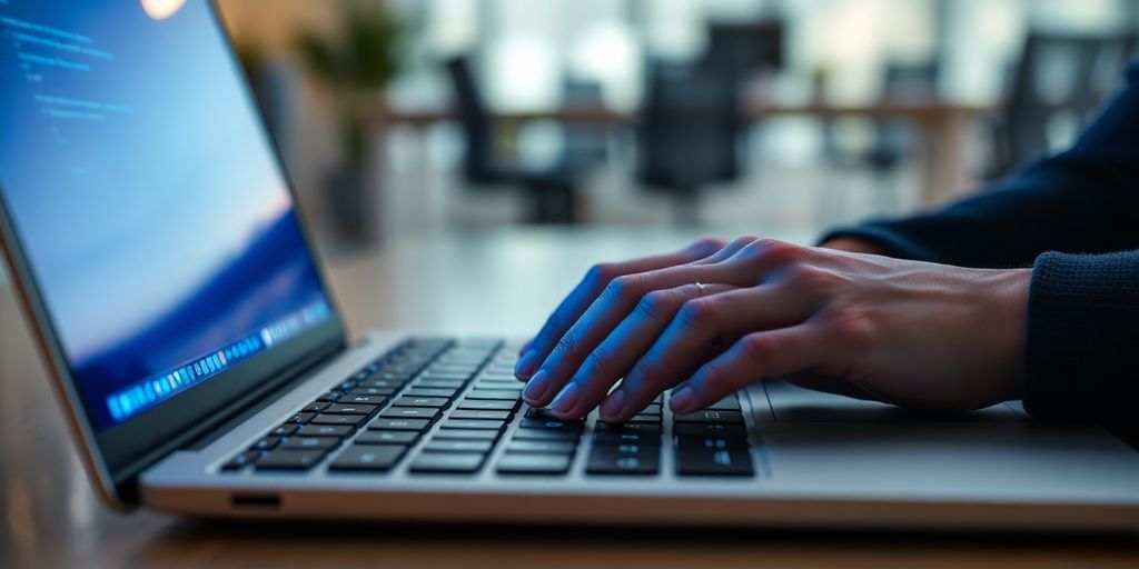 New data engineer coding on a laptop.